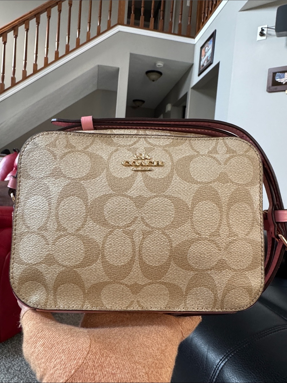 🩷Coach Mini Camera Signature Crossbody Bag, Light Khaki /Pink No 91677
